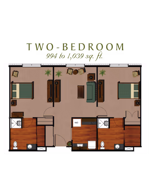 Floor plan of a two-bedroom apartment with an area ranging from 994 to 1,039 square feet. The layout includes two bedrooms, two bathrooms, a living room with seating and tables, and a kitchen area with washer/dryer. The bedrooms are located on opposite sides of the living room, each with a bed and nightstands. Bathrooms are adjacent to each bedroom.