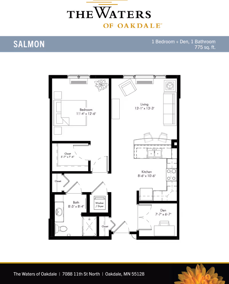 Floor plan layout of a 1 bedroom plus den, 1 bathroom apartment named Salmon at New Perspective Senior Living Oakdale, showing dimensions for bedroom, living room, kitchen, bath, and den areas along with closets.