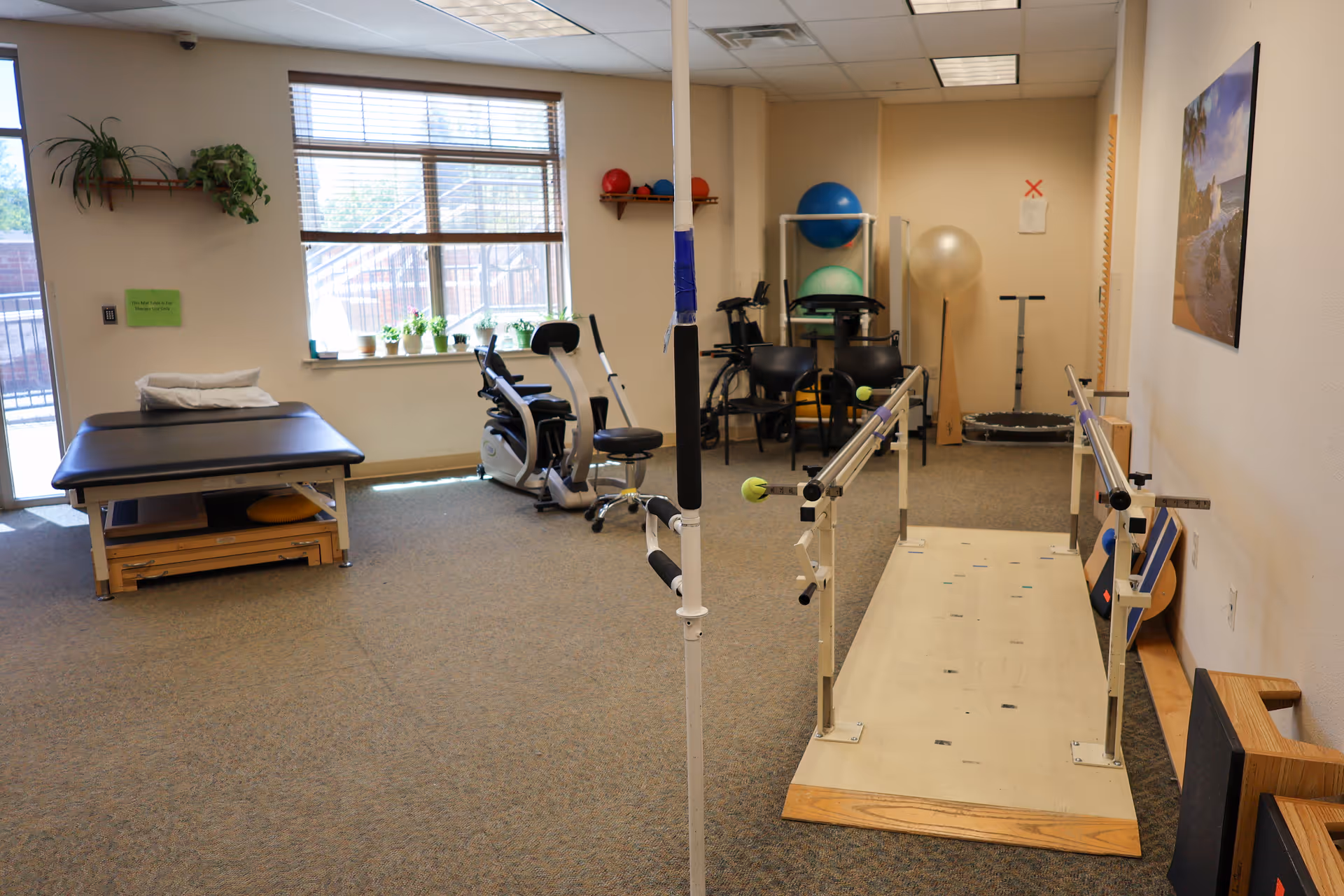 A rehabilitation room with exercise equipment including a stationary bike, parallel bars for walking practice, therapy balls, a treatment table with pillows, and chairs. The room has a large window with blinds and several potted plants on the windowsill. There is a framed picture on the wall and shelves with additional therapy balls.