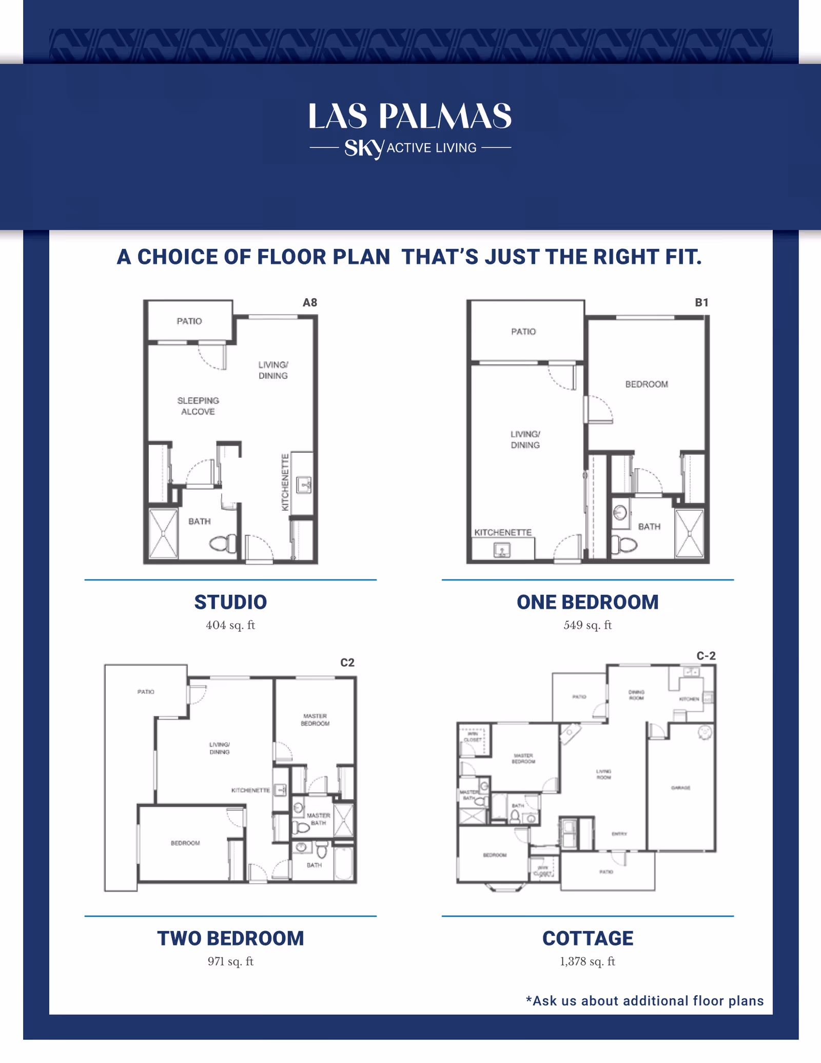Floor plans for four types of living spaces at Las Palmas Sky Active Living: Studio (404 sq. ft), One Bedroom (549 sq. ft), Two Bedroom (971 sq. ft), and Cottage (1,378 sq. ft). Each plan shows layout details including patios, living/dining areas, bedrooms, bathrooms, and kitchenettes.