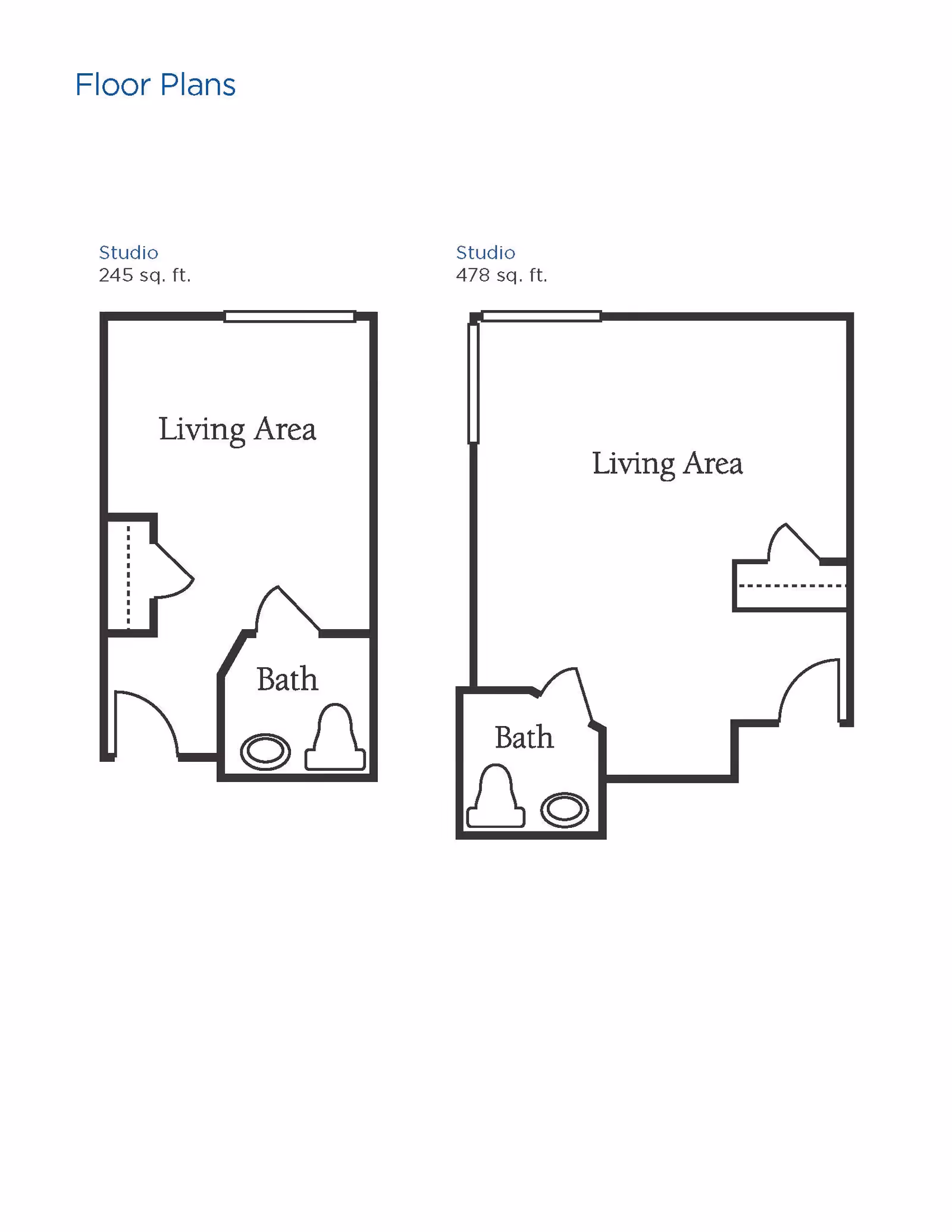 Floor plans for two studio apartments at Brookdale Pointe West. The first studio is 245 square feet with a living area and a bathroom. The second studio is 478 square feet with a larger living area and a bathroom.