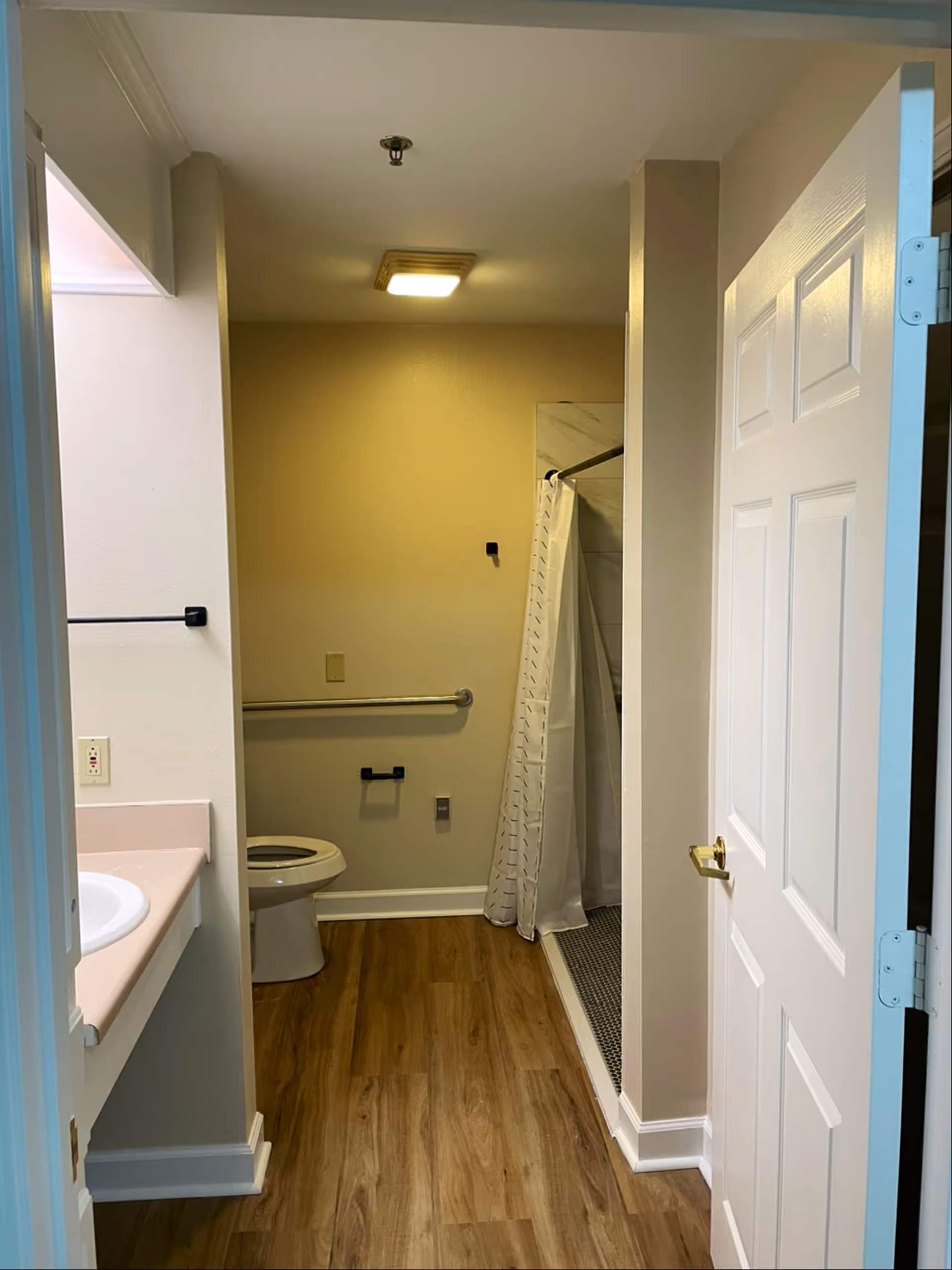 View of a bathroom with a wooden floor, a white toilet, a shower area with a curtain, a sink with a countertop on the left, and a white door partially open on the right. The walls are light-colored, and there is a grab bar next to the toilet.