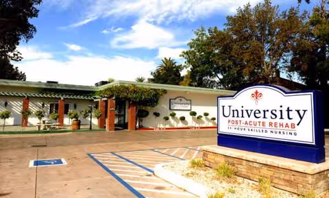 Front exterior view of University Post-Acute Rehab facility with sign and parking