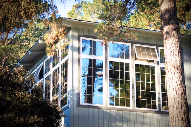 Exterior view of a building corner with large grid-style windows reflecting trees and sky, surrounded by tall pine trees and greenery.