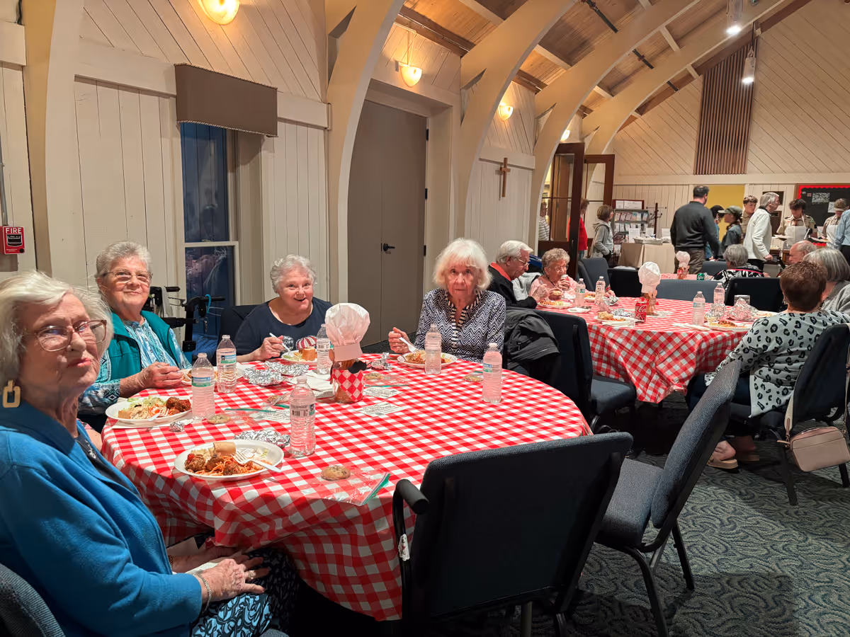 A group of elderly people sitting around tables covered with red and white checkered tablecloths, eating a meal together in a room with wooden walls and arched ceiling beams. Some people are seated and eating, while others are standing and conversing in the background.