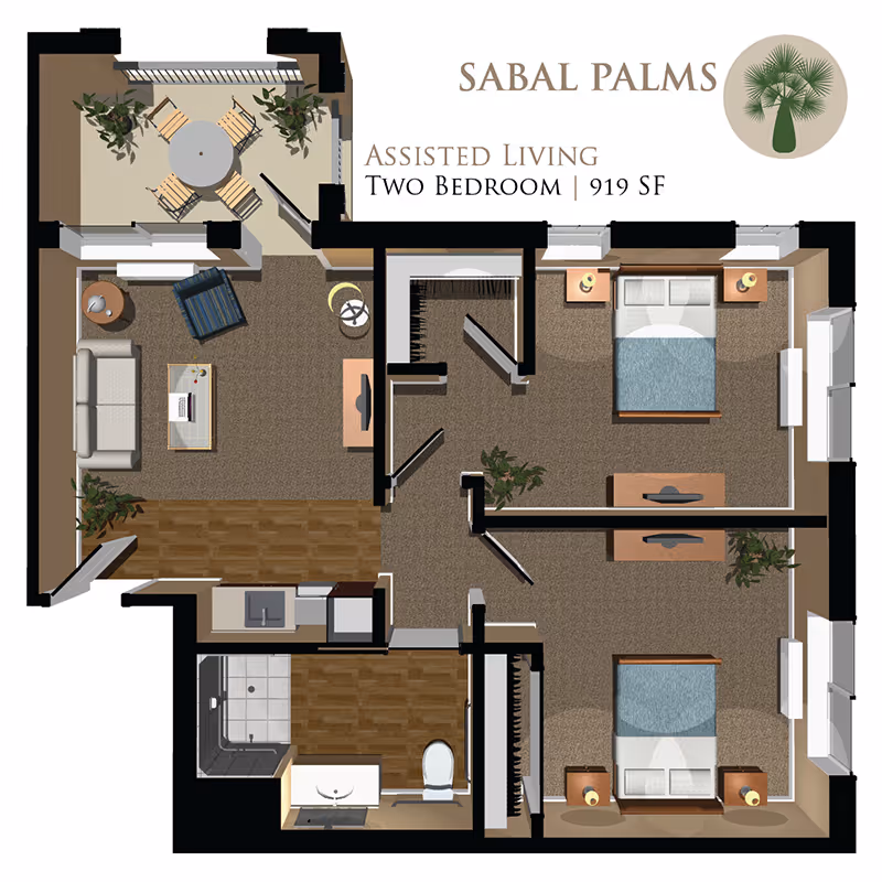 Top-down floor plan illustration of a two-bedroom, 919 sq ft assisted living apartment showing a living room, kitchen, bathroom, two bedrooms and a balcony.