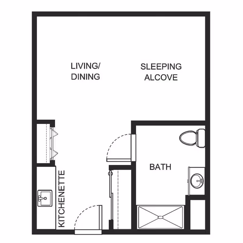 Floor plan of a small living space with labeled areas including a kitchenette, living/dining area, sleeping alcove, and a bathroom with a toilet, sink, and shower.