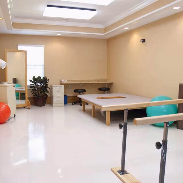 A rehabilitation therapy room with a large padded table, parallel bars for walking exercises, two exercise balls (one red and one green), a full-length mirror, a potted plant, two black stools, a filing cabinet, and a small desk area against a beige wall.