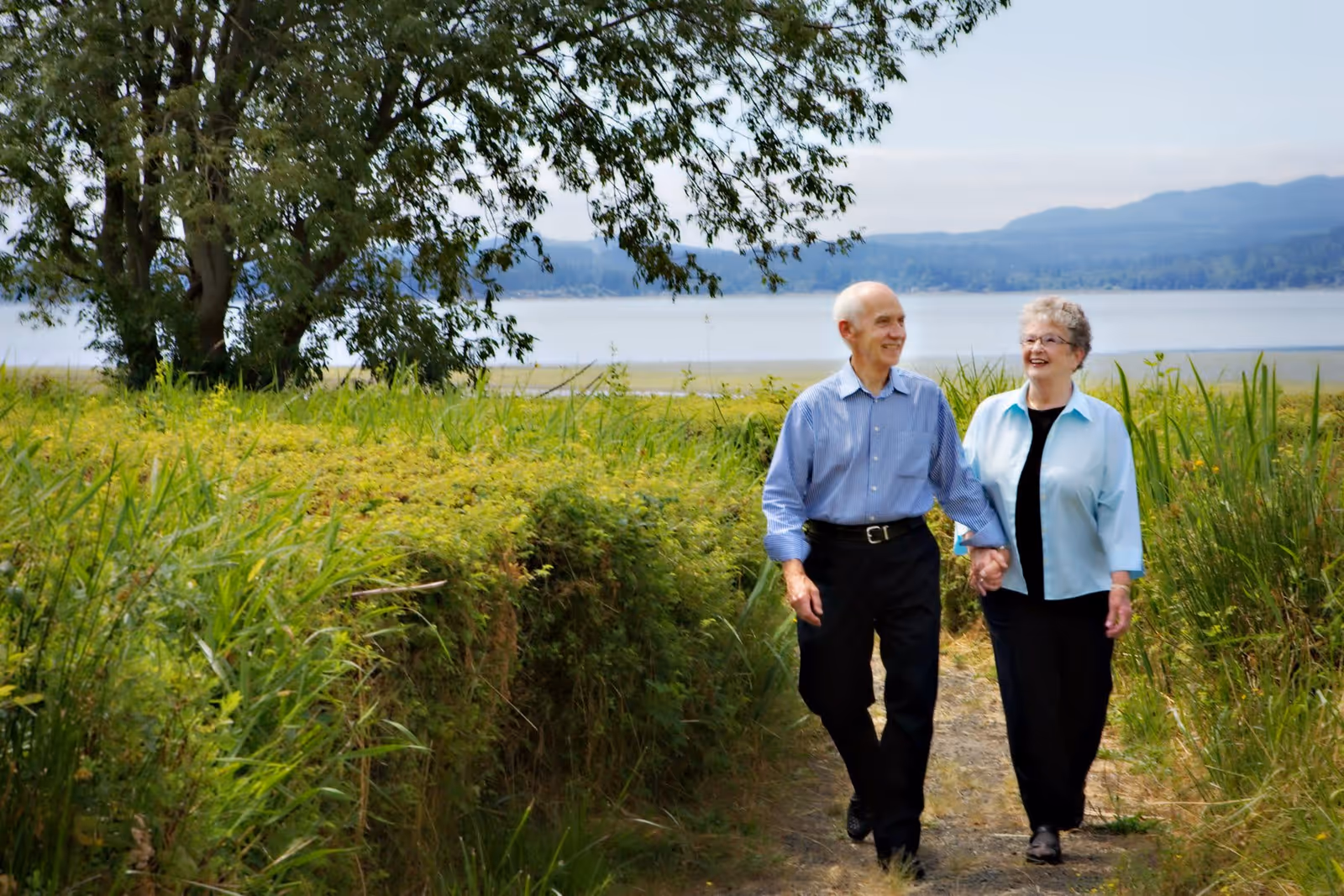 An elderly couple holding hands and walking along a narrow dirt path surrounded by tall green grass and bushes, with a large tree on the left and a body of water and mountains in the background under a clear sky.