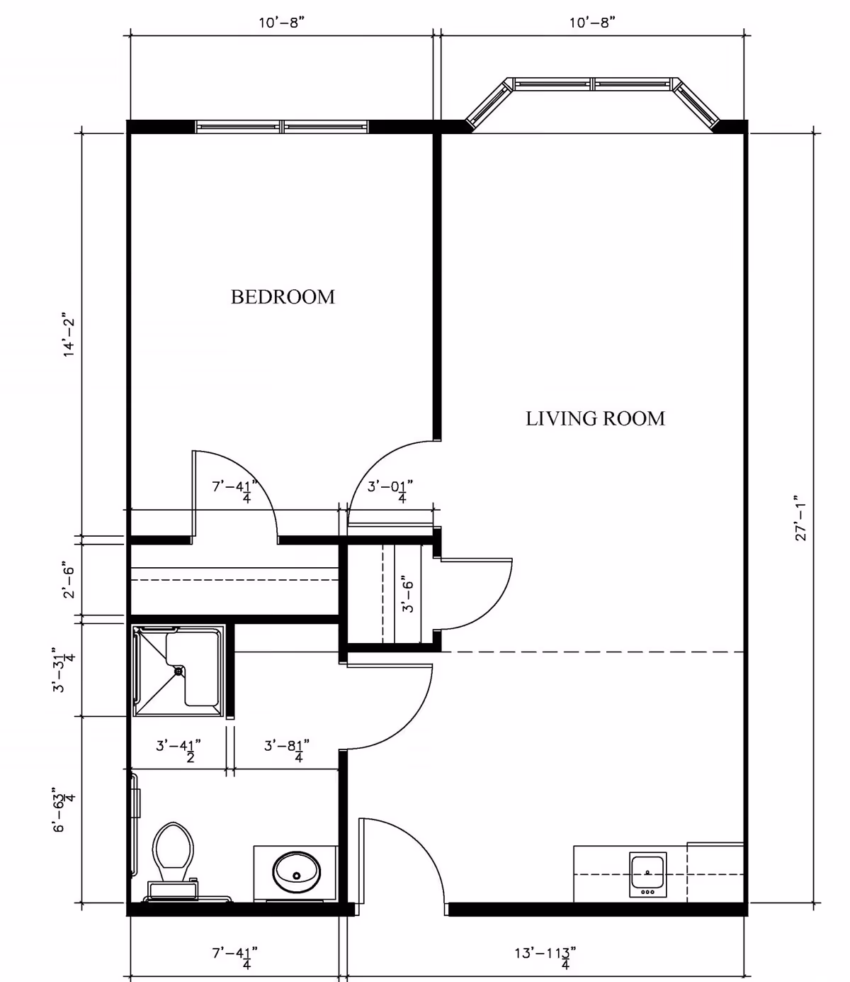 Architectural floor plan of a small assisted living unit at StoneyBrook Suites Assisted Living, showing a bedroom, living room, bathroom with toilet, sink, and shower, and entry area with measurements.