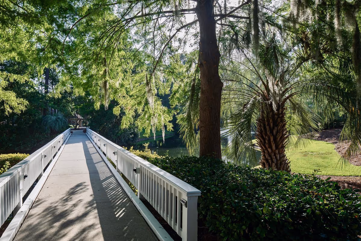 A sunlit white-railed walkway leading over water into a shaded, tree-filled garden with palms and lush greenery.