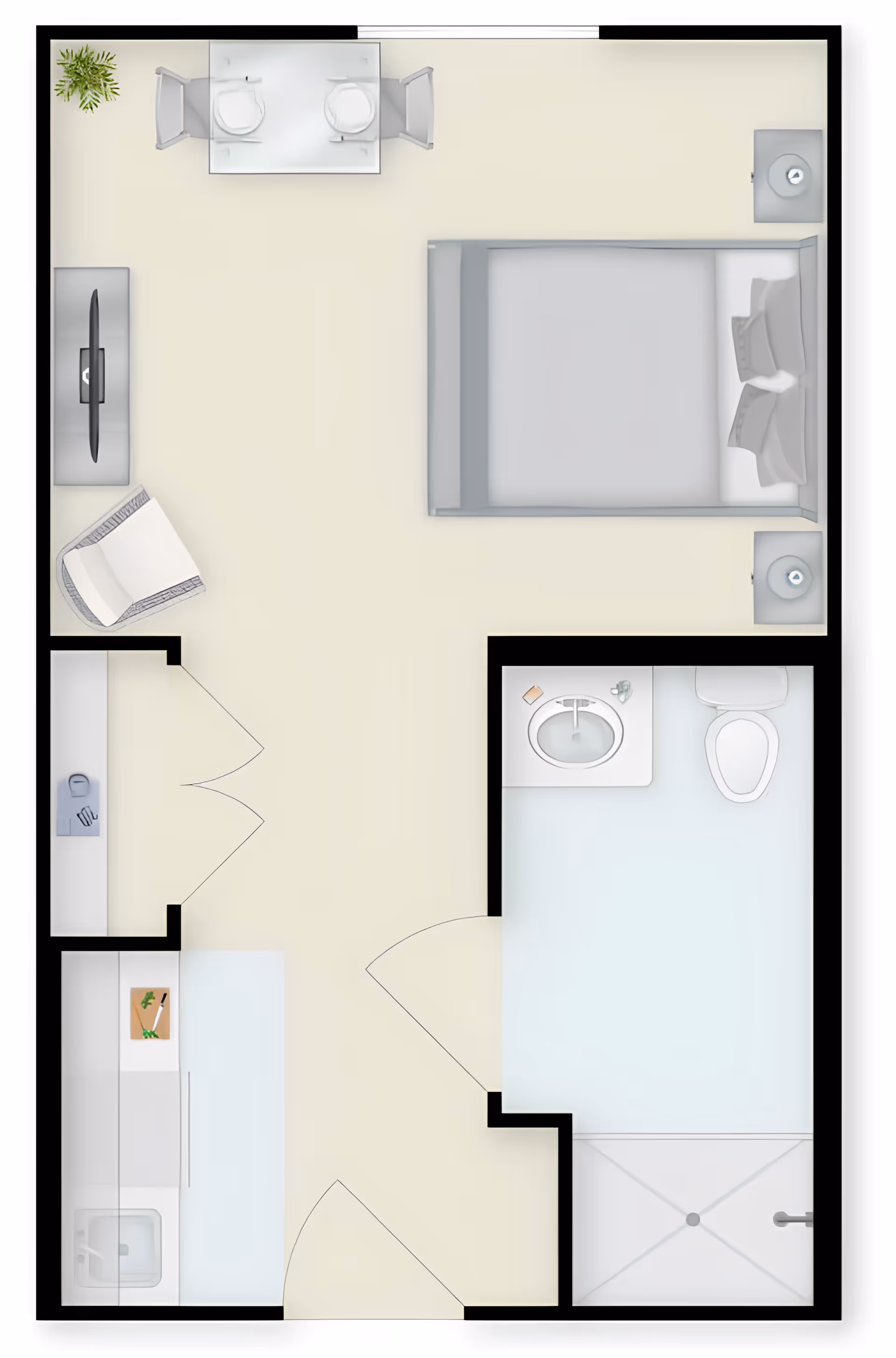 Floor plan of a senior living unit featuring a bedroom with a bed, two nightstands, a chair, a TV on a stand, and a small dining table with two chairs. There is a kitchen area with a sink and counter space, and a bathroom with a sink, toilet, and shower.
