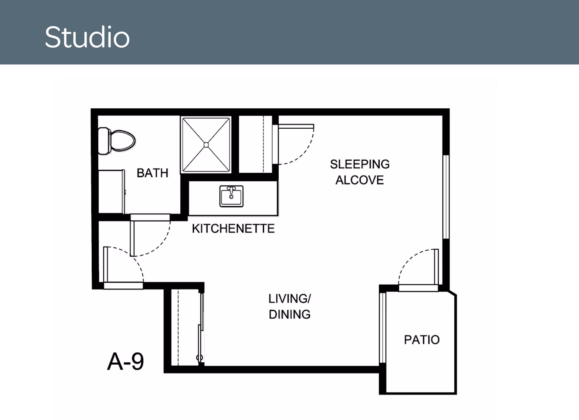 Floor plan of a studio apartment at Holiday Aspen View showing a bath, kitchenette, sleeping alcove, living/dining area, and a patio.