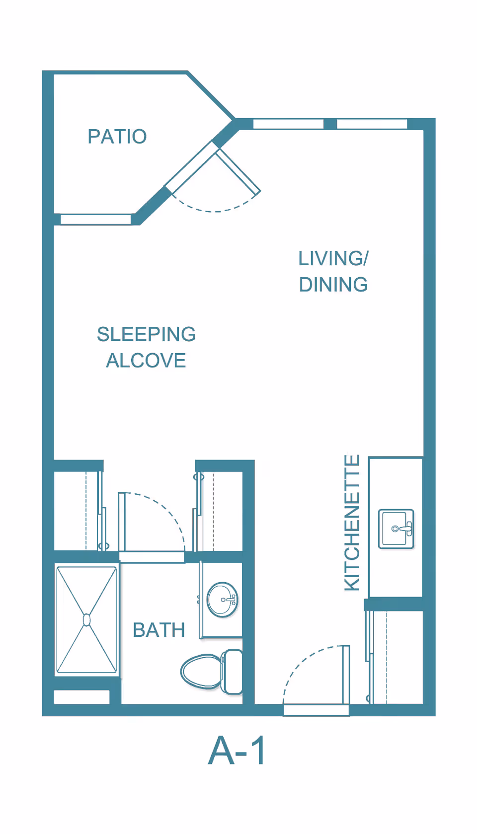 Architectural floor plan of a studio apartment layout labeled A-1, showing a patio, living/dining area, sleeping alcove, kitchenette, and bathroom with a shower, sink, and toilet.