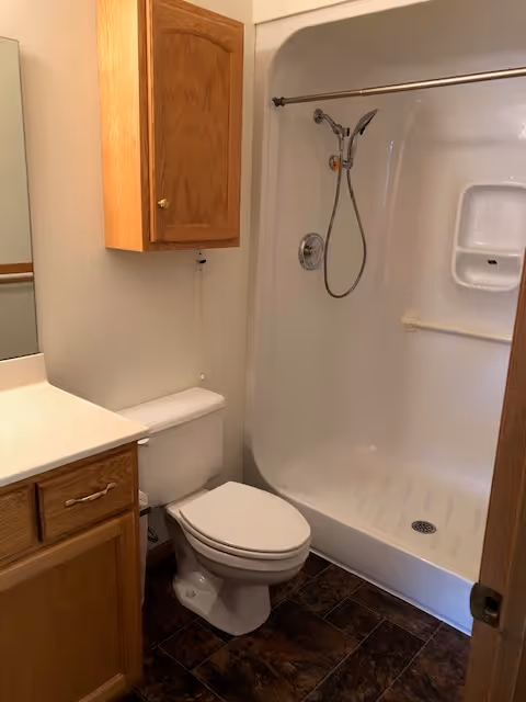 A small bathroom featuring a white toilet, a white shower with a handheld showerhead, a wooden cabinet mounted on the wall, and a wooden vanity with a white countertop and sink. The floor has dark brown tiles.