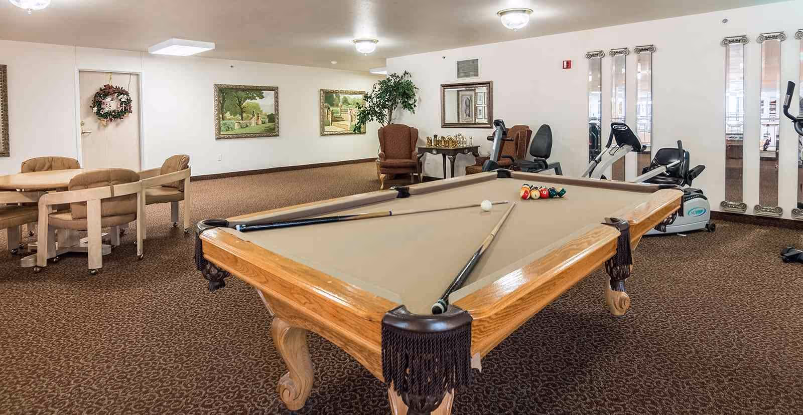 A recreational room with a pool table in the center, two pool cues and billiard balls on the table. In the background, there are exercise bikes, a table with chairs, armchairs, framed paintings on the wall, and a potted plant. The room has carpeted flooring and white walls.