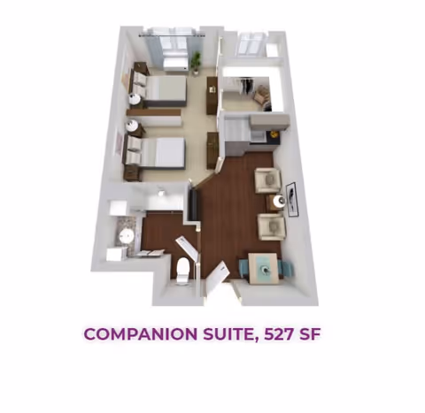 3D floor plan of a companion suite measuring 527 square feet, featuring two bedrooms each with a bed and nightstand, a shared bathroom, a living area with two chairs and a TV, a small dining table with chairs, and a kitchenette with a refrigerator and counter space.