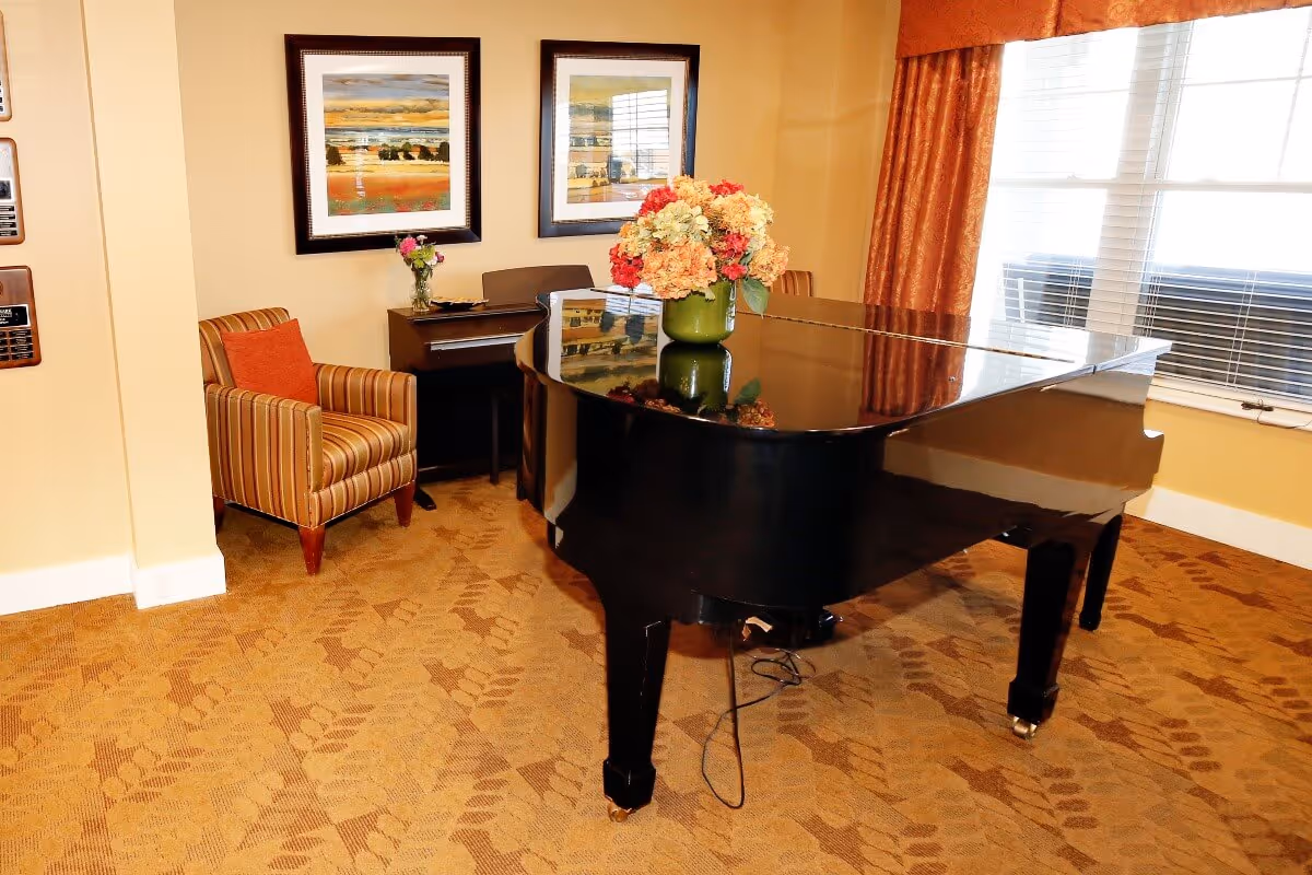 A glossy black grand piano in a carpeted seating area with a striped armchair, framed artwork, and a vase of flowers by a window.