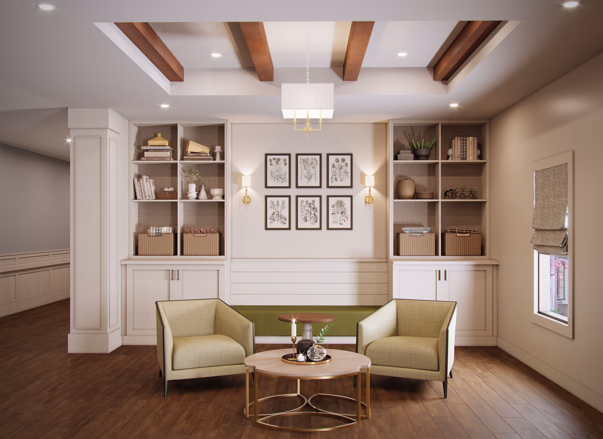 Bright seating area with two armchairs and a round coffee table in front of built-in shelving and framed botanical prints.