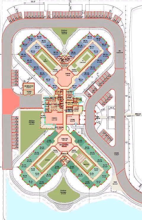 Architectural floor plan of Sunscape Boca Raton senior living facility showing building layout, outdoor gardens, patios, parking areas, and labeled rooms including dining, living, theater, laundry, and mechanical spaces.