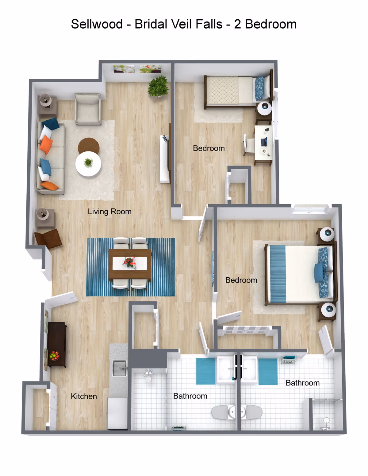 3D floor plan of a two-bedroom apartment at Sellwood Senior Living named Bridal Veil Falls, showing a living room with sofa and chairs, a dining area with table and chairs, a kitchen, two bedrooms with beds and desks, and two bathrooms with sinks, toilets, and a shower.