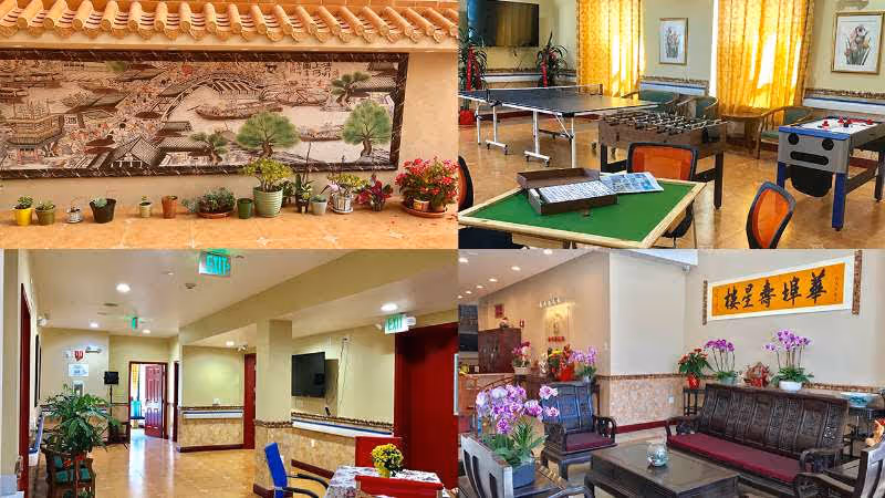 A collage of four images showing different areas inside East Bay Longevity Assisted Living 華埠壽星樓. The top left image shows a decorative wall with a traditional Chinese-style mural and several potted plants on a ledge. The top right image depicts a game room with a ping pong table, foosball table, and card table with chairs, illuminated by yellow curtains. The bottom left image shows a hallway with chairs, plants, and exit signs. The bottom right image features a sitting area with traditional wooden furniture, potted orchids, and a framed Chinese calligraphy artwork on the wall.