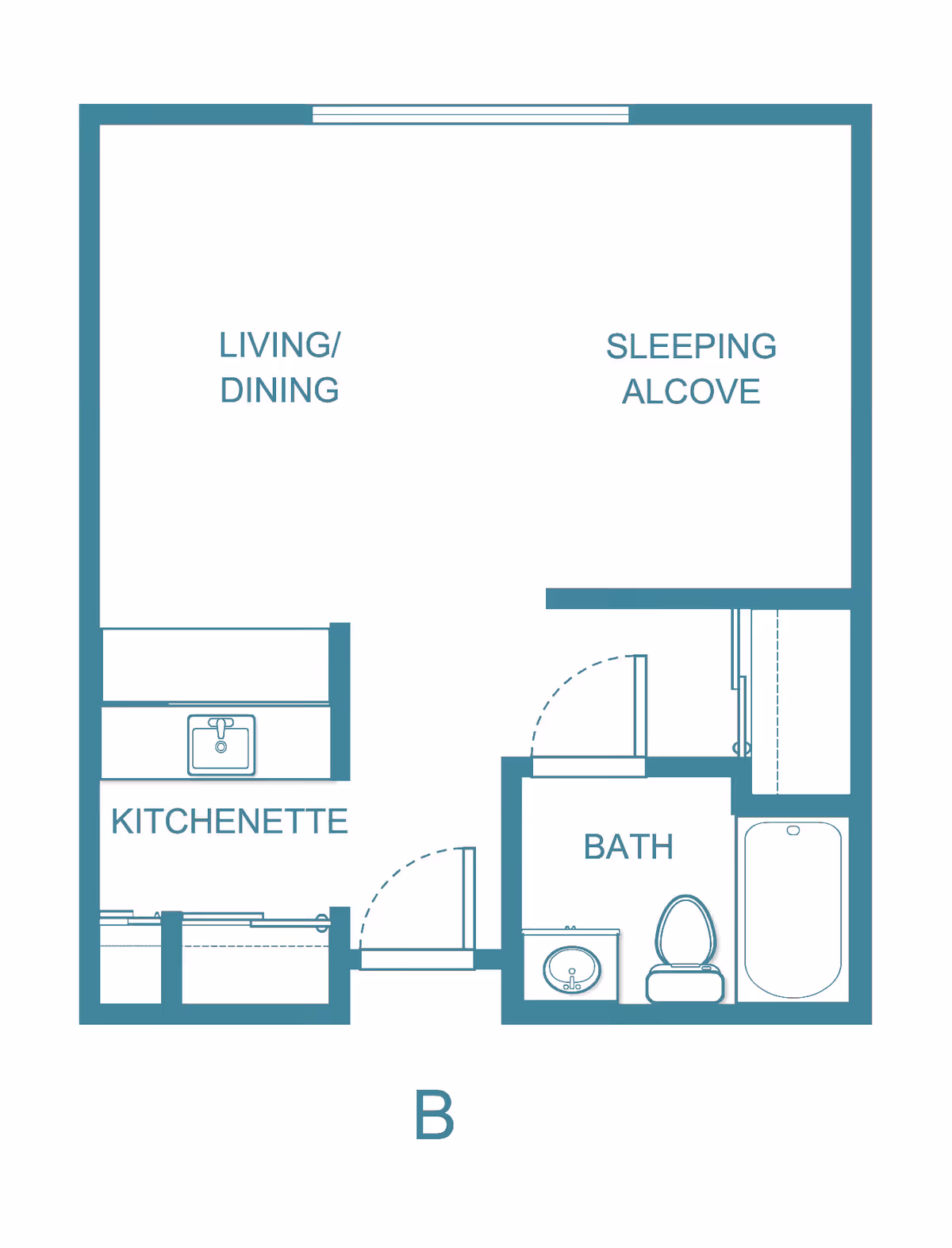 Floor plan layout of a studio apartment with labeled areas including living/dining, sleeping alcove, kitchenette, and bath. The kitchenette has a sink, and the bath includes a sink, toilet, and bathtub.