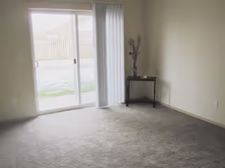 Empty living room with a sliding glass door, vertical blinds, carpeted floor, and a small side table with a vase.