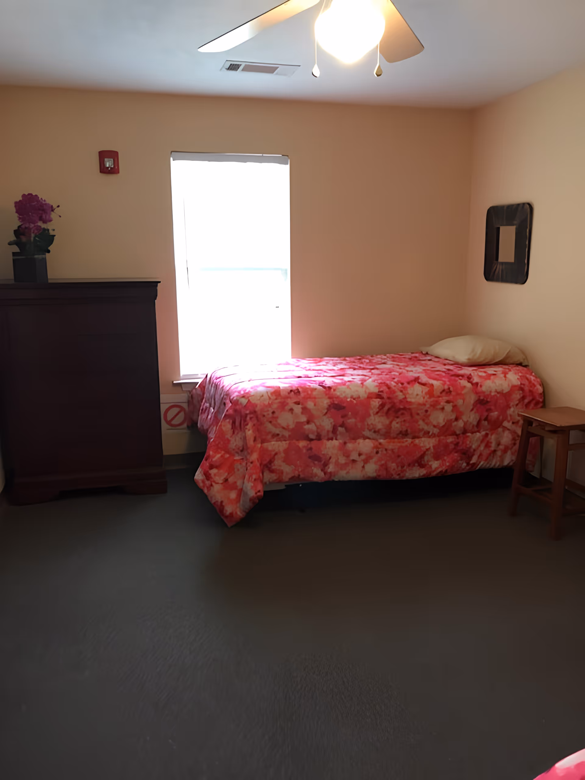 A small bedroom with a single bed covered in a pink floral comforter, a pillow, a wooden stool beside the bed, a dark wooden dresser with a potted plant on top, a window with bright light coming through, and a ceiling fan with lights.