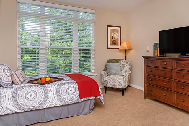A cozy bedroom with a single bed covered in a patterned gray and white bedspread and a red throw blanket. A tray with a cup and bowl is placed on the bed. Next to the bed is a floral upholstered armchair with a green cushion. A wooden dresser with multiple drawers holds a flat-screen TV. A framed floral picture hangs on the wall above a floor lamp. Large windows with white blinds allow natural light to brighten the room.