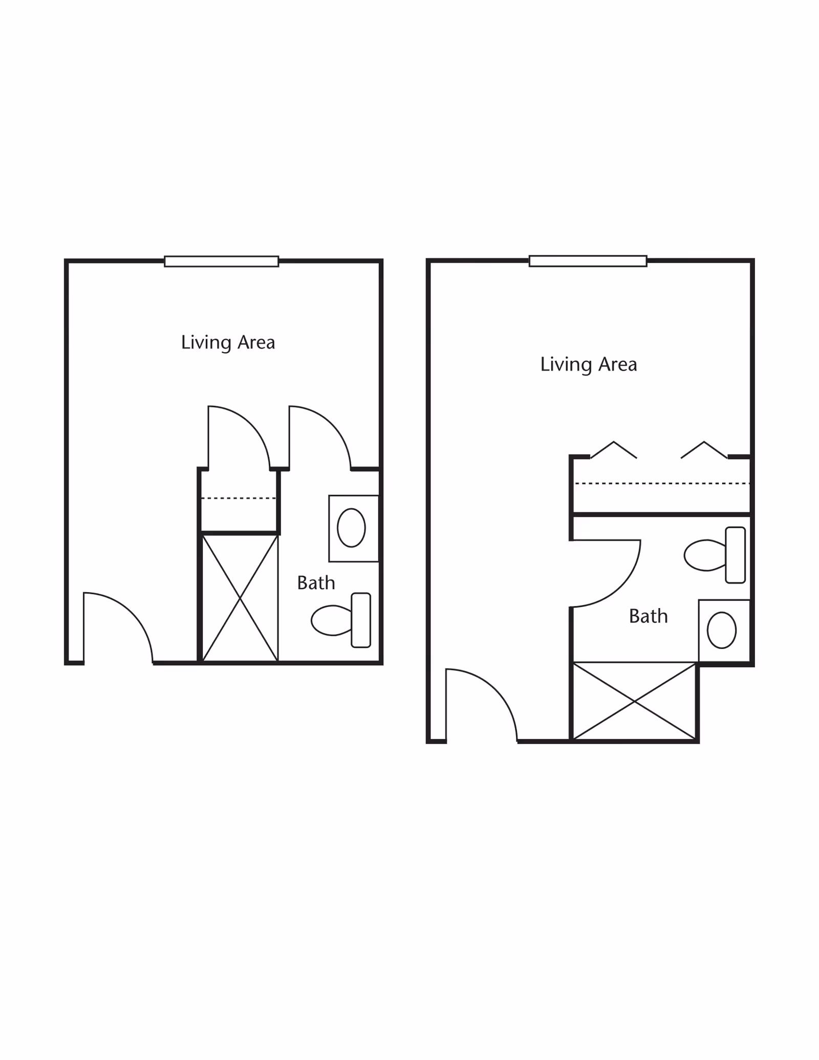 Two simple architectural floor plans showing layouts with a living area and a bathroom. Each plan includes a door, a bath with a toilet and sink, and a living area labeled accordingly.