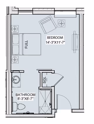 Architectural floor plan of a senior living unit at The Summit of Blue Ash showing a bedroom with a full bed, two nightstands, a chair, a dresser, and a bathroom with a sink, toilet, and shower. The bedroom measures 14 feet 3 inches by 11 feet 7 inches, and the bathroom measures 8 feet 3 inches by 8 feet 7 inches.