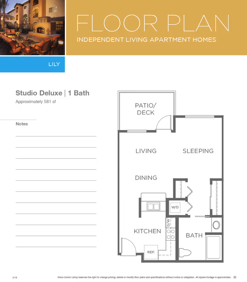 Floor plan layout for a Studio Deluxe apartment with 1 bath, approximately 581 square feet, at Valencia Terrace. The image includes a small photo of an outdoor seating area with a fireplace and the building exterior at dusk. The floor plan is labeled 'Lily' and shows the arrangement of rooms and spaces in the apartment.