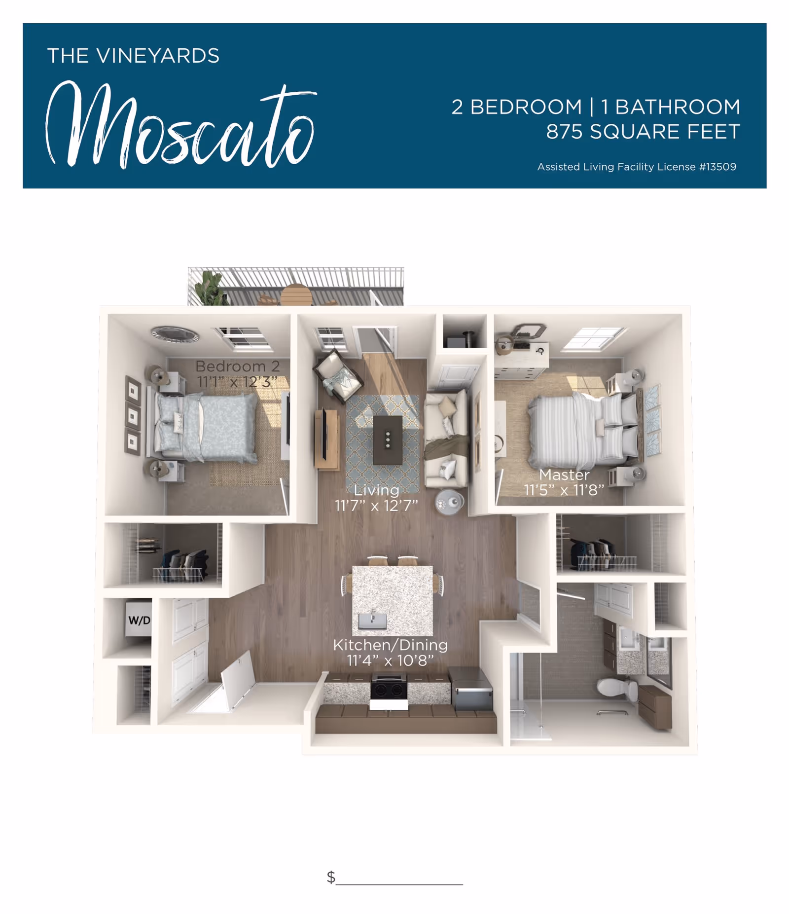 3D floor plan of a 2 bedroom, 1 bathroom apartment named Moscato at The Vineyards. The layout includes a master bedroom measuring 11'5" x 11'8", a second bedroom measuring 11'1" x 12'3", a living room measuring 11'7" x 12'7", and a kitchen/dining area measuring 11'4" x 10'8". The plan shows furniture placement, closets, a bathroom with a shower, and a small balcony area.