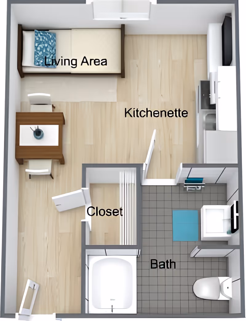 Overhead 3D floor plan of a studio apartment showing a living area, kitchenette, closet, and bathroom.
