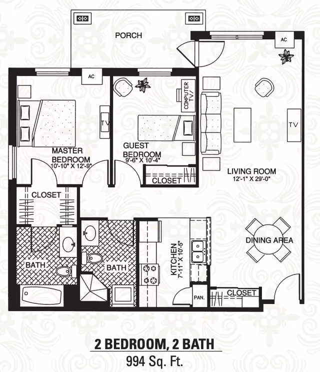 Floor plan of a 2 bedroom, 2 bath apartment at Lincoln Village Senior Campus, showing a master bedroom with closet and bath, a guest bedroom with closet, a second bath, a kitchen with pantry, a living room with TV and seating, a dining area with table and chairs, and a porch.