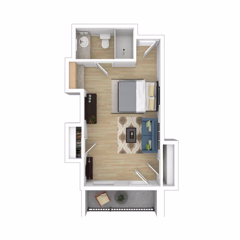 Top-down floor plan of a studio apartment showing a combined sleeping and living area with a bed, sofa, rug, bathroom, and a small balcony.