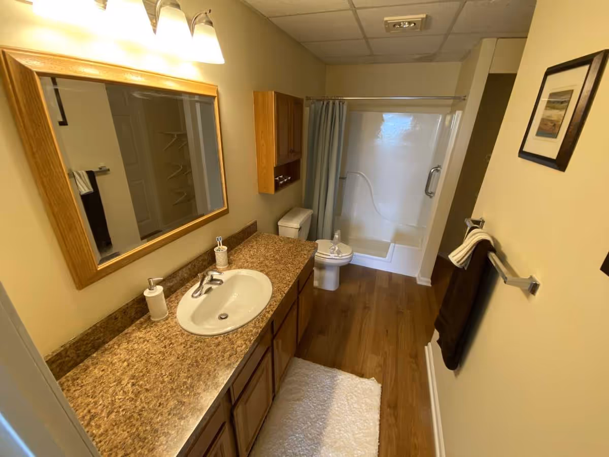 A bathroom with a wooden vanity topped with a brown granite countertop and a white sink. Above the sink is a large mirror with a wooden frame and three light fixtures. To the right, there is a toilet next to a bathtub with a shower curtain. The floor is wood, and there is a white rug in front of the vanity. A towel rack with a dark brown towel and a white hand towel is mounted on the right wall, which also has a framed picture.