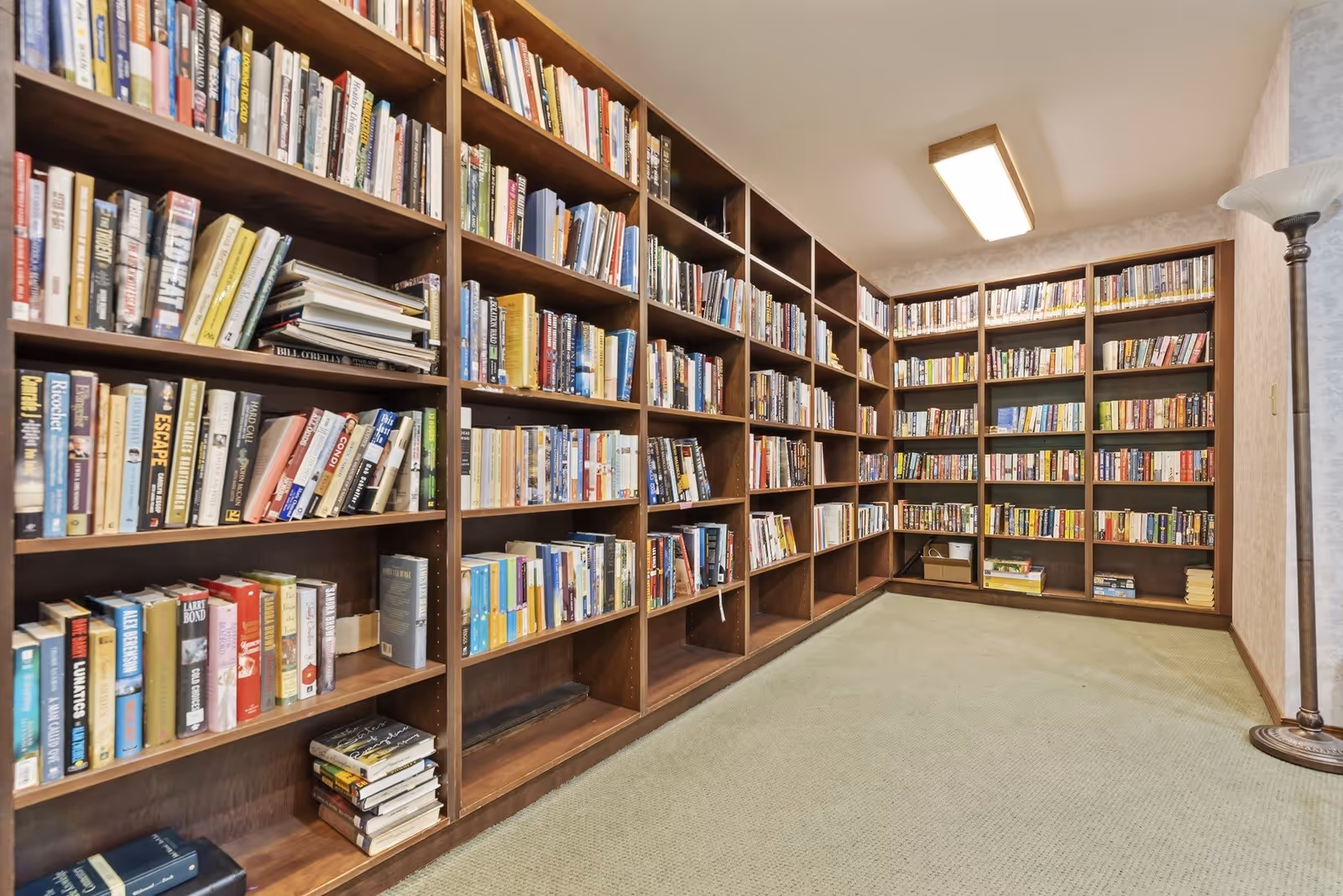 Small library room with floor-to-ceiling wooden bookshelves filled with books and a floor lamp.