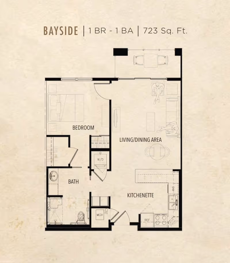 Floor plan labeled Bayside showing a 1 bedroom, 1 bathroom apartment with 723 square feet. The layout includes a bedroom, bath, kitchenette, living/dining area, and a washer/dryer closet.