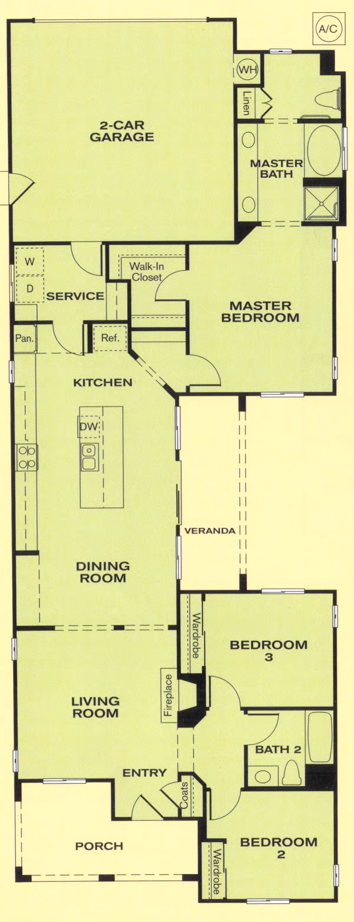 Floor plan of a single-story home showing a 2-car garage, master suite with bath, kitchen with island, dining and living rooms, two additional bedrooms, two bathrooms, porch and veranda.
