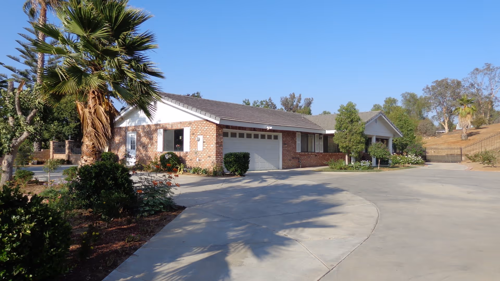 Single-story brick residential building with a garage, circular driveway, and palm trees.