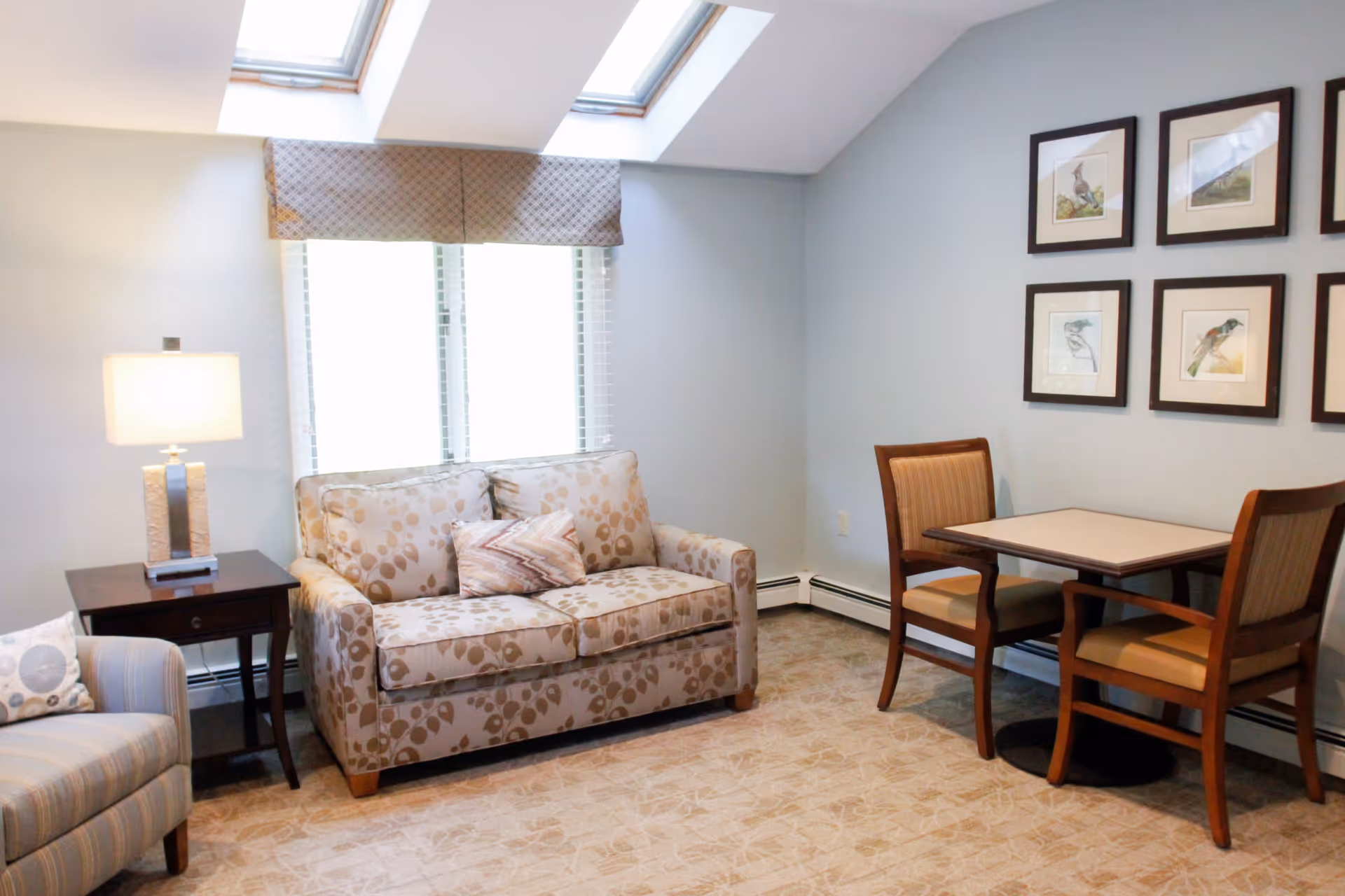 A cozy living room area with a patterned loveseat and a matching armchair, a side table with a lamp, and a small square table with two wooden chairs. The walls are light blue and decorated with framed bird illustrations. Two skylights and a window with blinds and a valance provide natural light.
