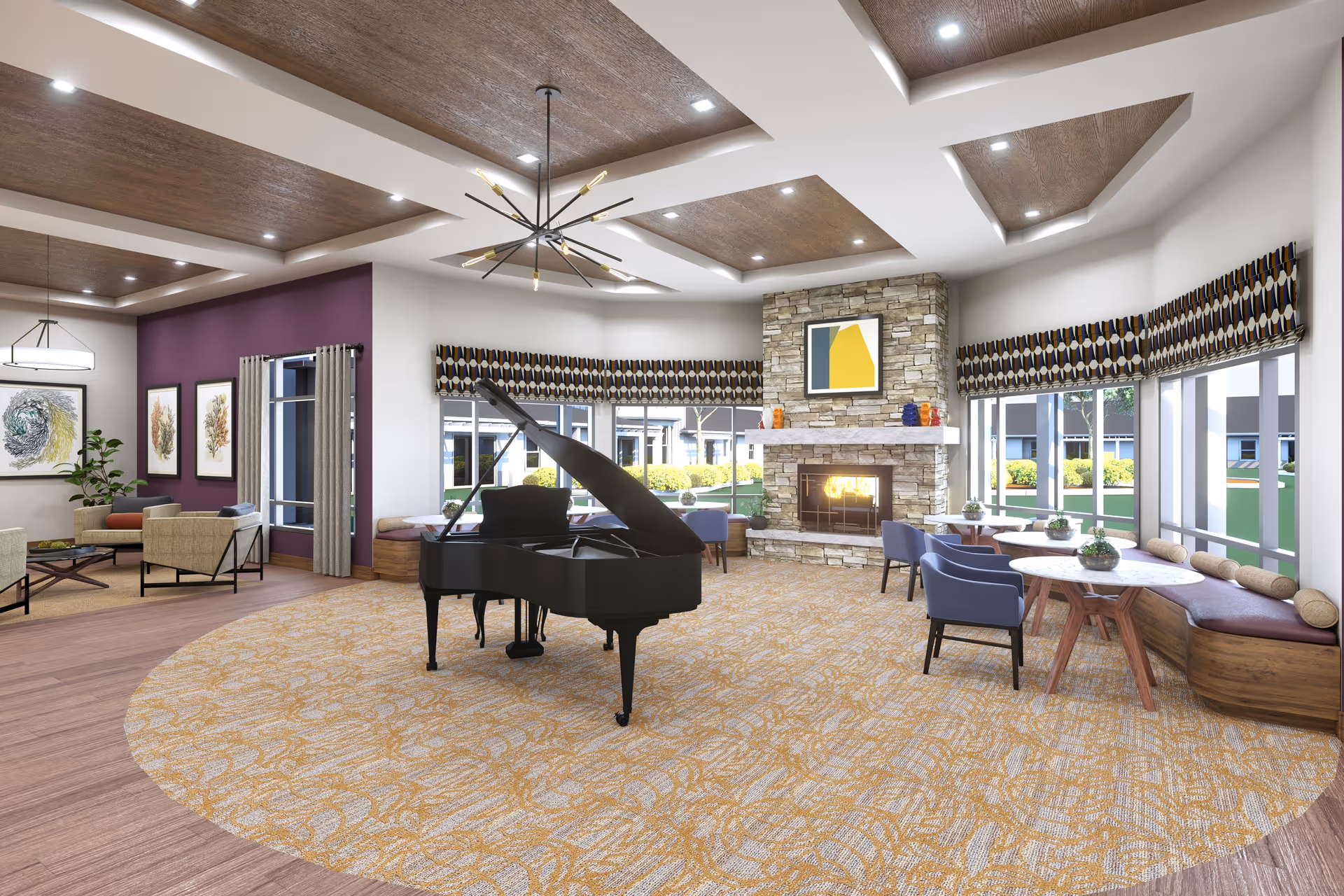 Bright communal lounge with a grand piano, stone fireplace, seating areas and large windows.