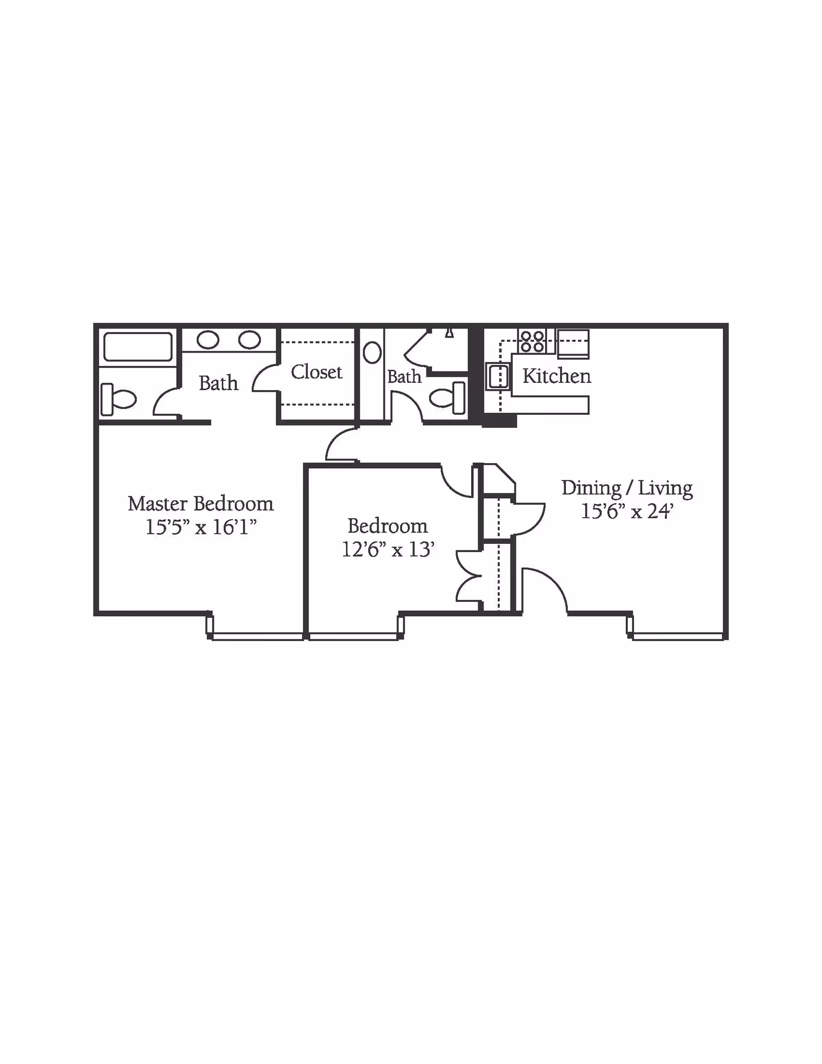 Floor plan of a two-bedroom apartment with a master bedroom measuring 15'5" x 16'1", a second bedroom measuring 12'6" x 13', two bathrooms, a closet, a kitchen, and a combined dining and living area measuring 15'6" x 24'.
