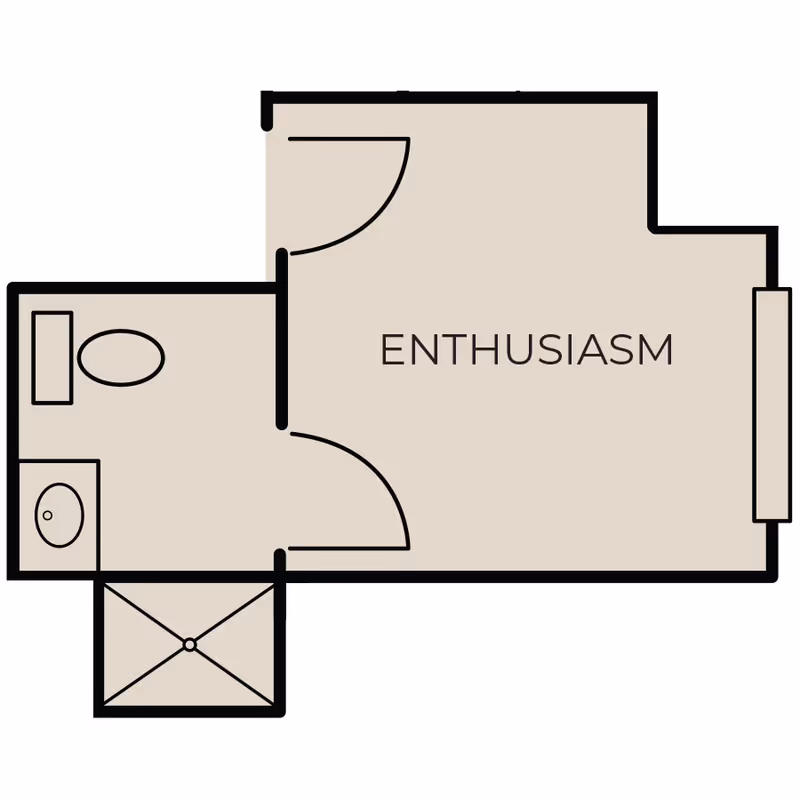 Floor plan layout labeled Enthusiasm showing a room with an attached bathroom including a toilet, sink, and shower.