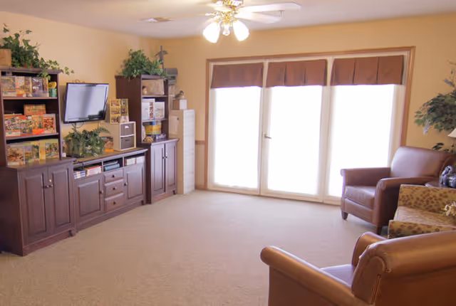 A cozy living room area with beige walls and carpet, featuring a dark wooden entertainment center with a mounted flat-screen TV, shelves with board games and plants, and three brown leather armchairs arranged around the room. Large windows with brown valances allow natural light to fill the space.