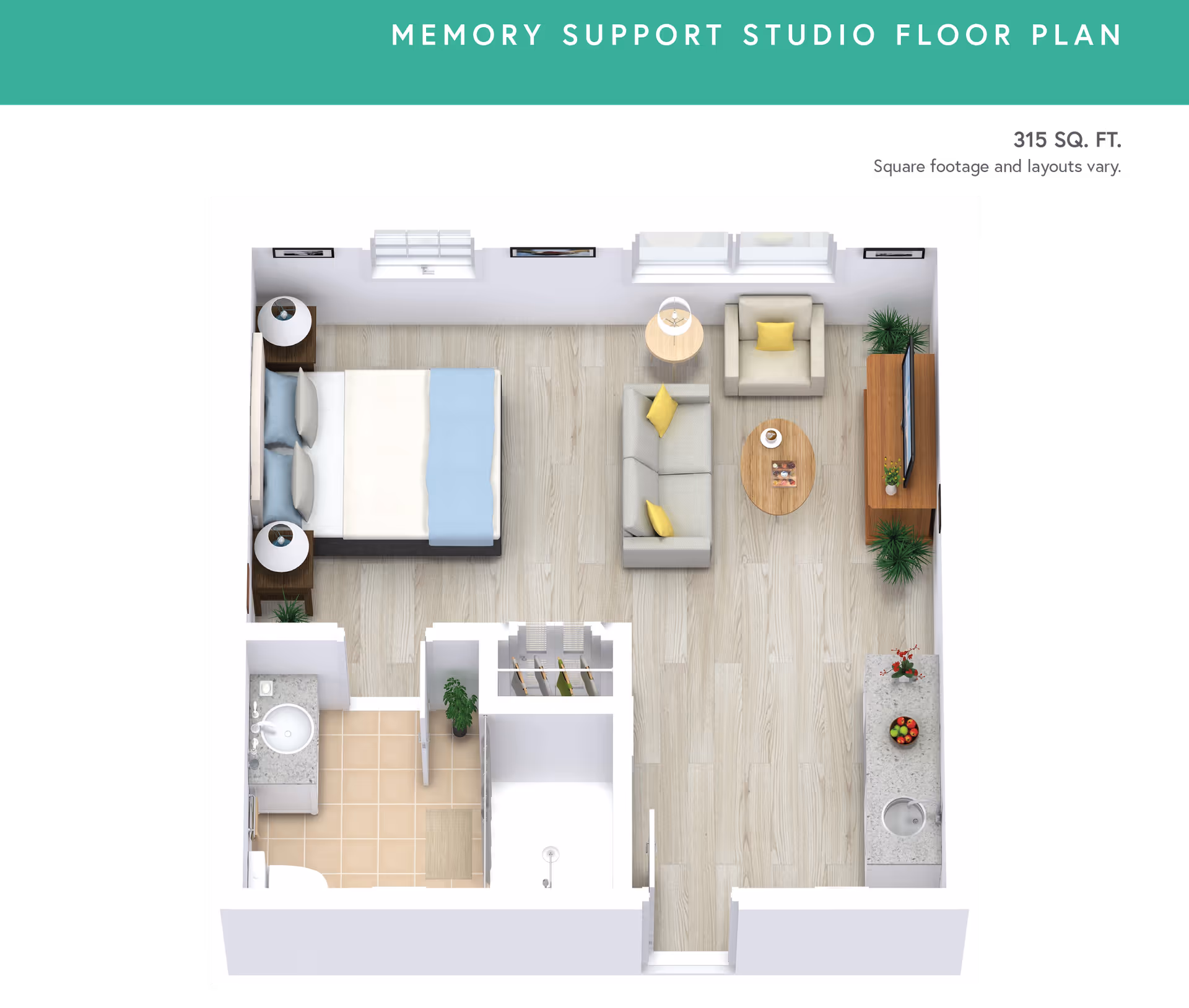 3D floor plan of a memory support studio apartment showing a combined living and sleeping area with a bed, two nightstands, a sofa, an armchair, a coffee table, a TV on a stand, and a small kitchenette with a sink and countertop. There is also a bathroom with a sink and shower, and a closet near the entrance.