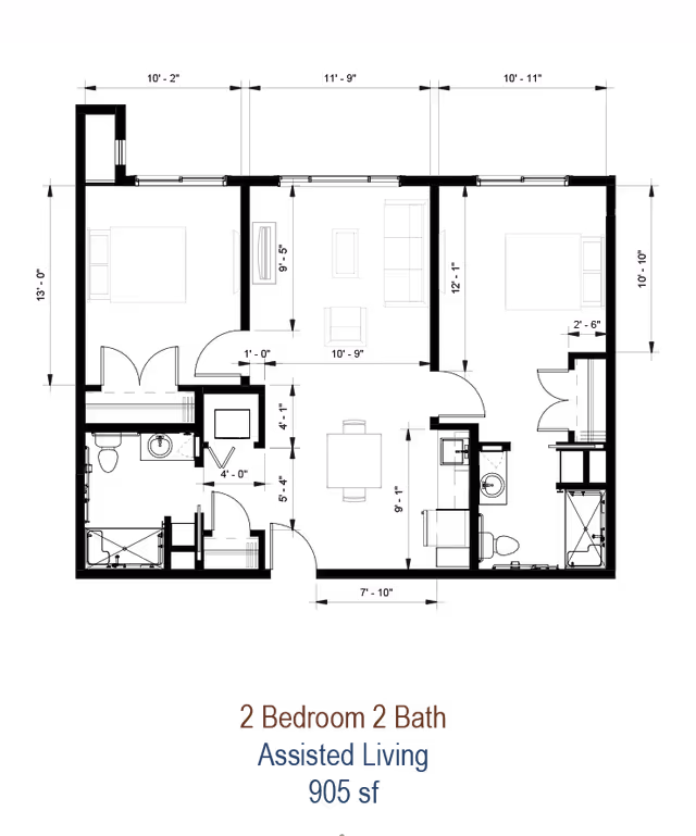 Black-background architectural floor plan showing furniture layout and dimensions for a 2 bedroom, 2 bath assisted living unit labeled 905 sf.