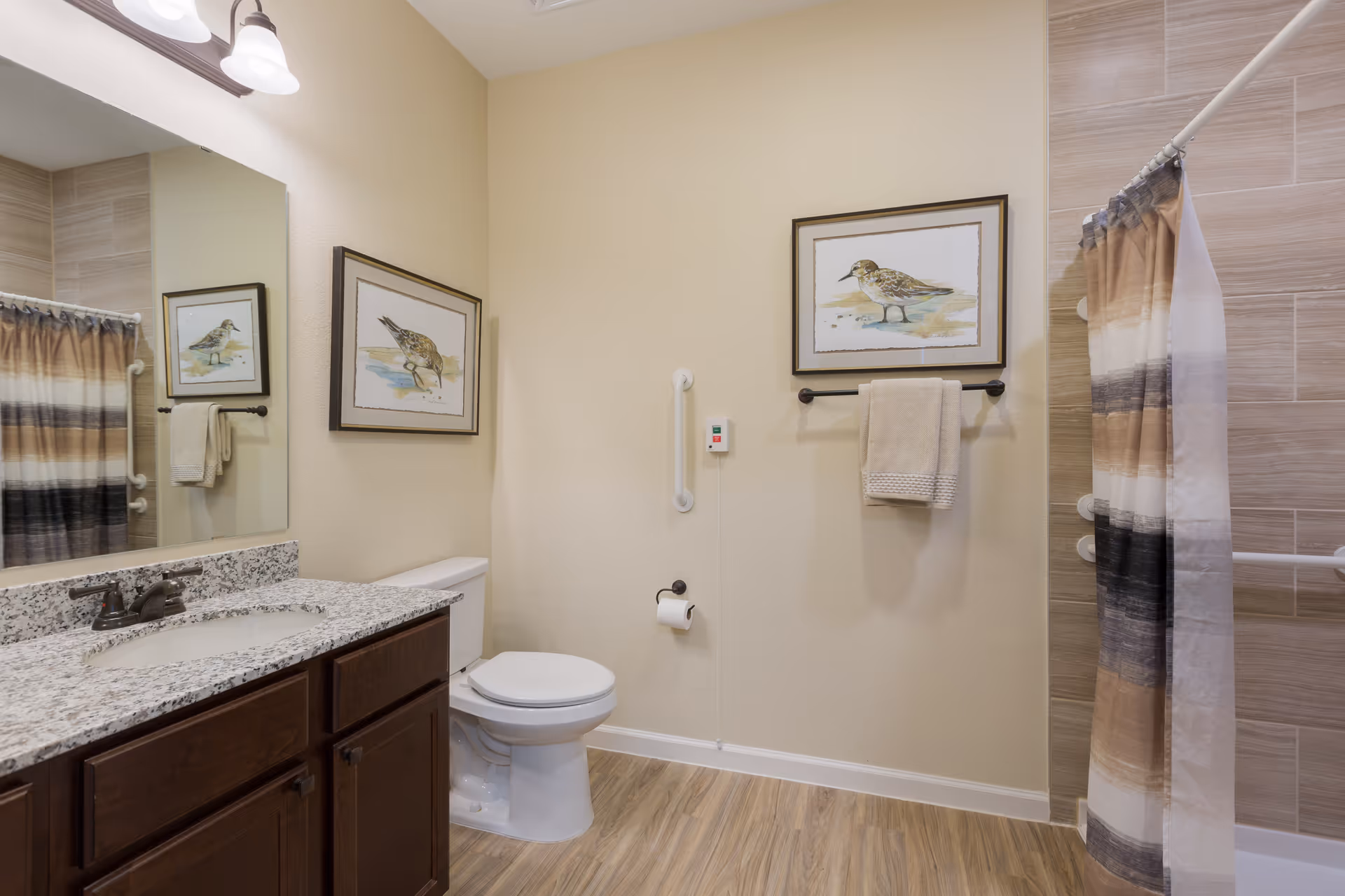 A clean and well-lit bathroom featuring a granite countertop with a sink, a toilet, a shower with a striped curtain, and two framed bird paintings on the walls. There is a towel rack with a beige towel and a grab bar next to the toilet, indicating accessibility features.